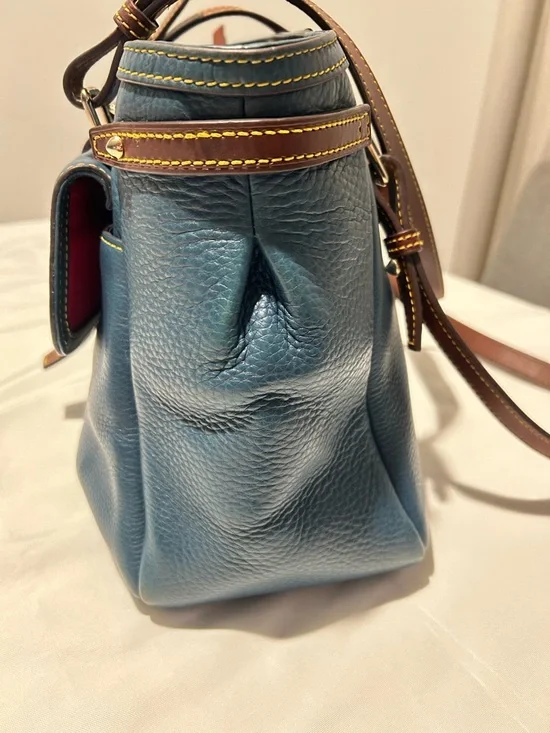 Dooney & Bourke Blue Leather Tote with Brown Trim and Gold Hardware - Picture 4 of 15